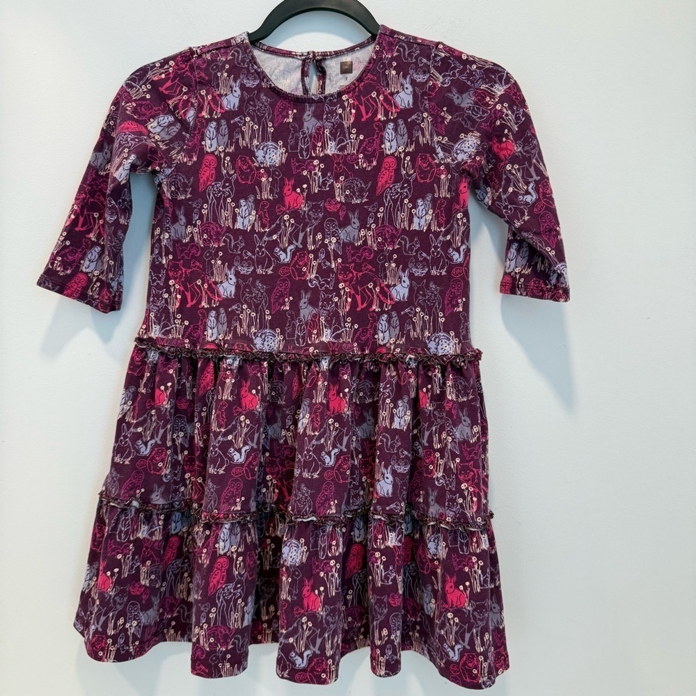 Tea Collection Girls Tiered Dress Purple Rabbit Owl Keyhole Neck 100% Cotton 7